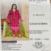 Bin Ijaz 3-piece unstitched linen suit SN 2324 14-B in magenta with embroidered shirt, green floral printed dupatta bottle packaging style photoshoot