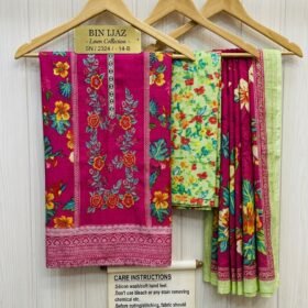 Bin Ijaz 3-piece unstitched linen suit SN 2324 14-B in magenta with embroidered shirt, green floral printed dupatta