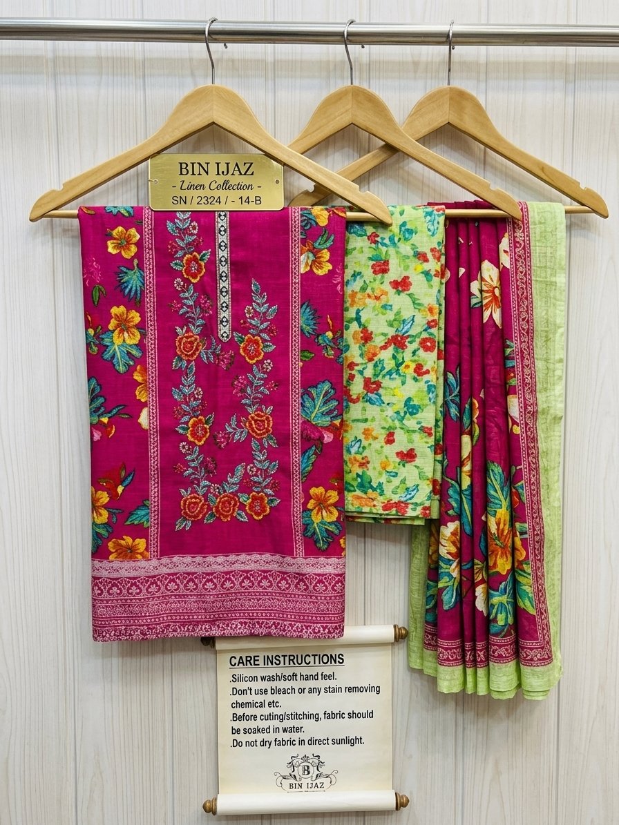 Bin Ijaz 3-piece unstitched linen suit SN 2324 14-B in magenta with embroidered shirt, green floral printed dupatta