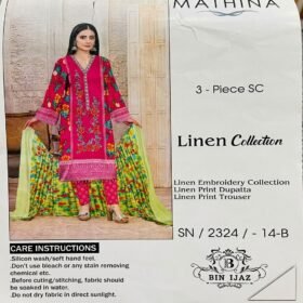 Bin Ijaz 3-piece unstitched linen suit SN 2324 14-B in magenta with embroidered shirt, green floral printed dupatta bottle packaging style photoshoot