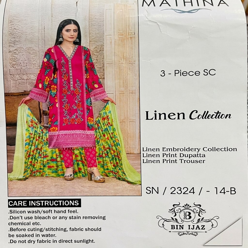 Bin Ijaz 3-piece unstitched linen suit SN 2324 14-B in magenta with embroidered shirt, green floral printed dupatta bottle packaging style photoshoot