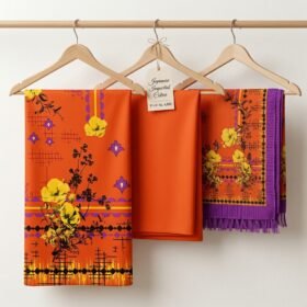 Japanese Imported Cotrai 3-piece suit in vibrant orange and purple floral print on wooden hangers