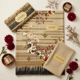 Japanese Imported Cotrai 3-piece unstitched suit in beige with cream floral printed shirt, warm cotrai shawl, and plain trouser