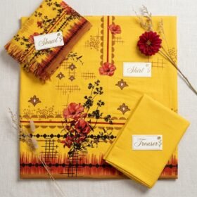 Japanese Imported Cotrai 3-piece unstitched suit in mustard yellow with printed floral shirt, warm cotrai shawl, and plain trouser