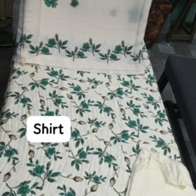 Japanese Imported Cotrai 3-piece unstitched suit in off-white featuring teal floral printed shirt, matching cotrai shawl, and plain trouser 2