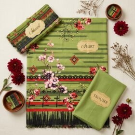 Japanese Imported Cotrai 3-piece unstitched suit in olive green featuring pink floral printed shirt, warm cotrai shawl, and plain trouser