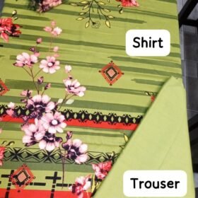 Japanese Imported Cotrai 3-piece unstitched suit in olive green featuring pink floral printed shirt, warm cotrai shawl, and plain trouser 2