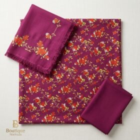 SAYA 3-piece unstitched printed linen suit TC-42B/1 in lilac and black floral pattern with embroidered neckline and matching linen dupatta