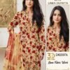Khaadi 3-piece unstitched linen suit D2597A in beige and red floral print with matching linen dupatta bottle packaging photoshoot