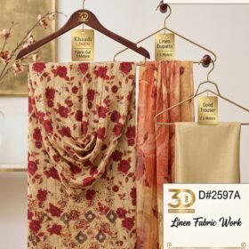 Khaadi unstitched 3-piece linen suit D#2597A featuring beige floral print fabric cut 3 meters, 2.5 meters printed linen dupatta, and 2.5 meters solid dyed trouser fabric displayed on wooden hangers