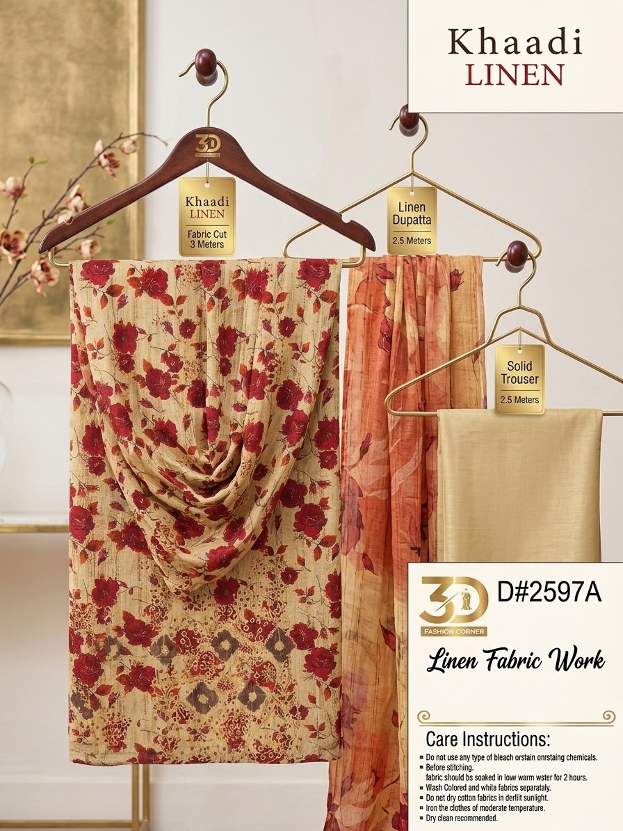 Khaadi unstitched 3-piece linen suit D#2597A featuring beige floral print fabric cut 3 meters, 2.5 meters printed linen dupatta, and 2.5 meters solid dyed trouser fabric displayed on wooden hangers