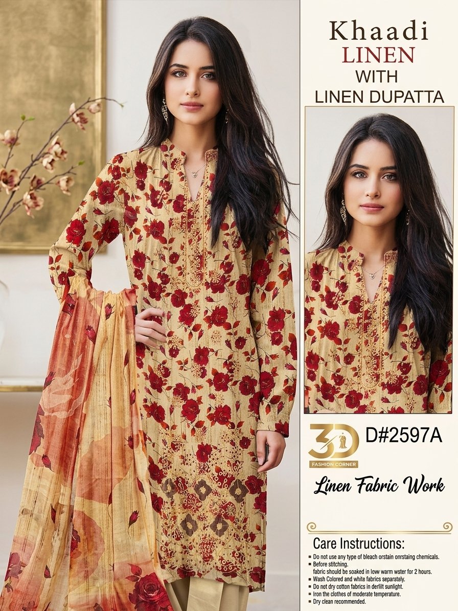 Khaadi 3-piece unstitched linen suit D2597A in beige and red floral print with matching linen dupatta bottle packaging photoshoot
