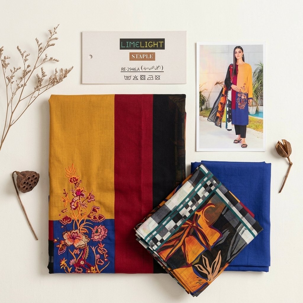 Limelight 3-piece unstitched embroidered lawn suit RE-2946.A in mustard yellow, red, and blue with printed dupatta