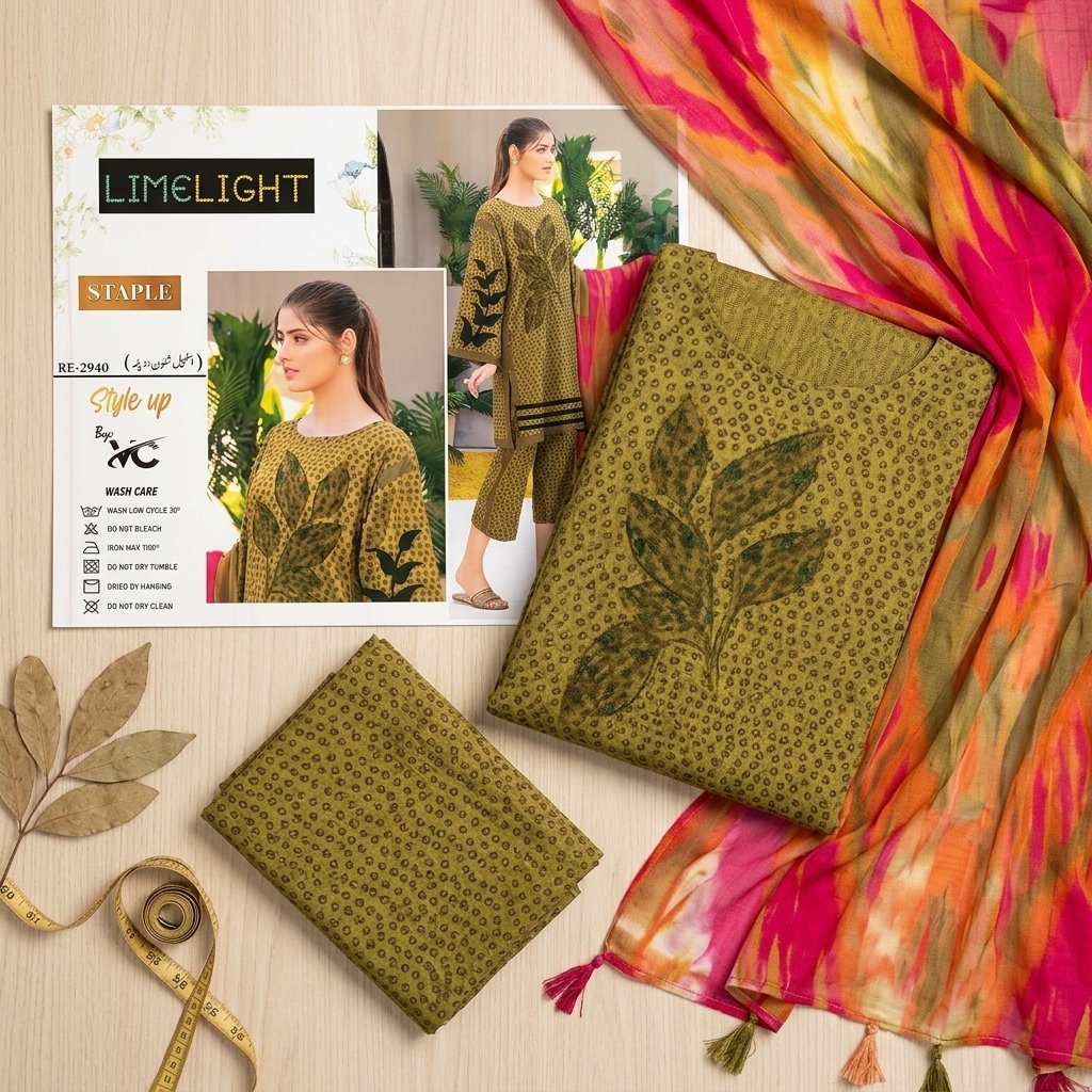 Limelight Staple 3-piece unstitched suit design RE-2940 in olive green with printed chiffon dupatta