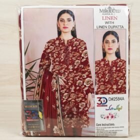 Maria B printed linen 3-piece unstitched suit design D2584A in deep maroon floral print with matching linen dupatta