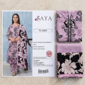 SAYA 3-piece unstitched printed linen suit TC-42B/1 in lilac and black floral pattern with embroidered neckline and matching linen dupatta