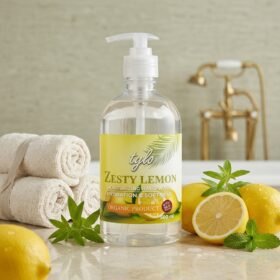 Tylo Zesty Lemon Moisturizing Hand Wash Organic Product 500ml clear pump bottle surrounded by fresh lemons and towels on marble counter from Chaudhary Superstore
