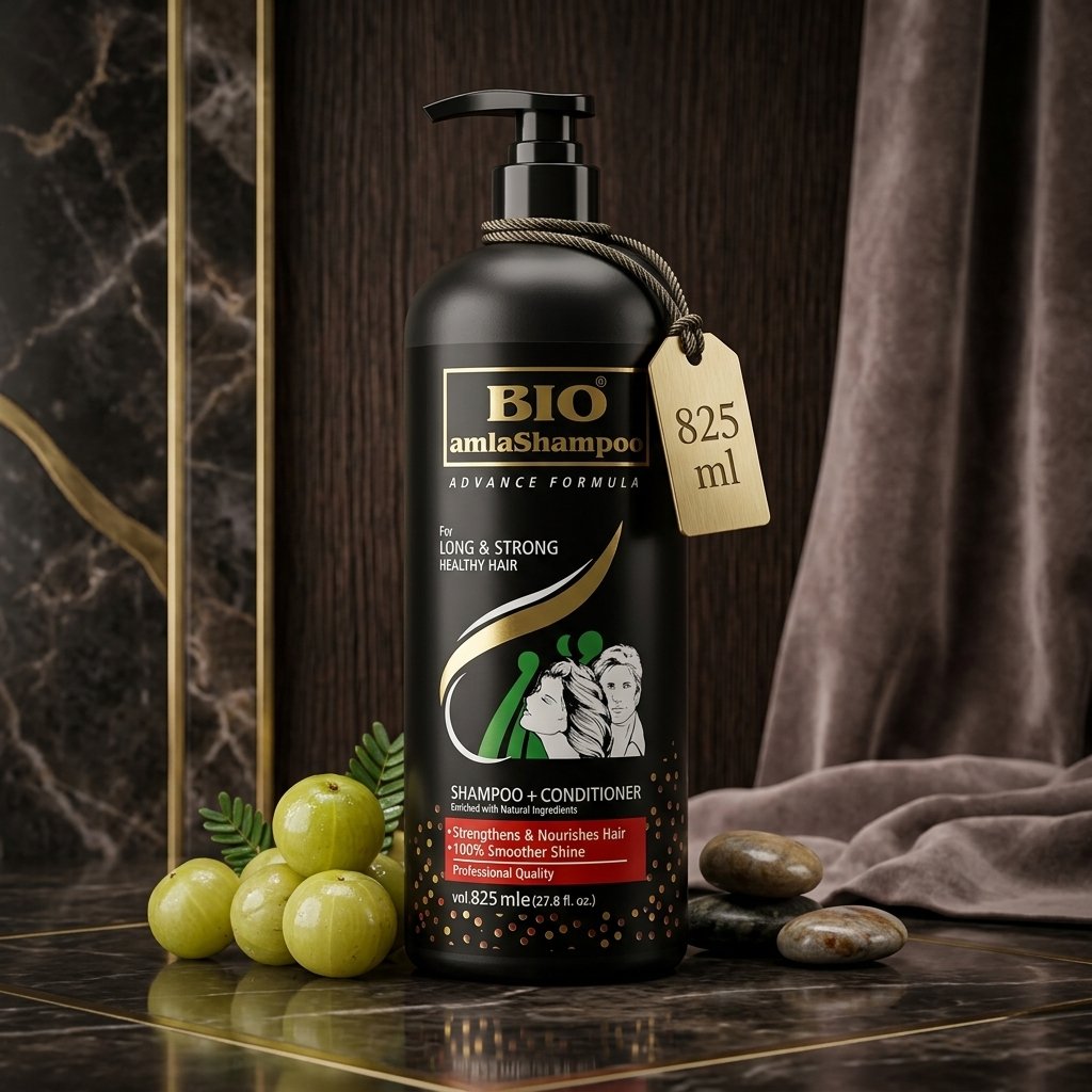 Bio Amla Shampoo Advance Formula 825ml pump bottle displayed on a luxury black marble block from Chaudhary Superstore