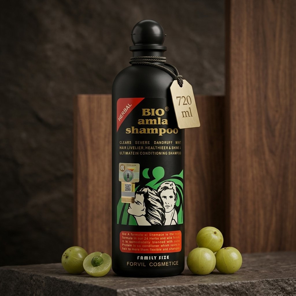 Bio Amla Shampoo Clears Severe Dandruff 720ml Family Size bottle displayed on a stone surface from Chaudhary Superstore