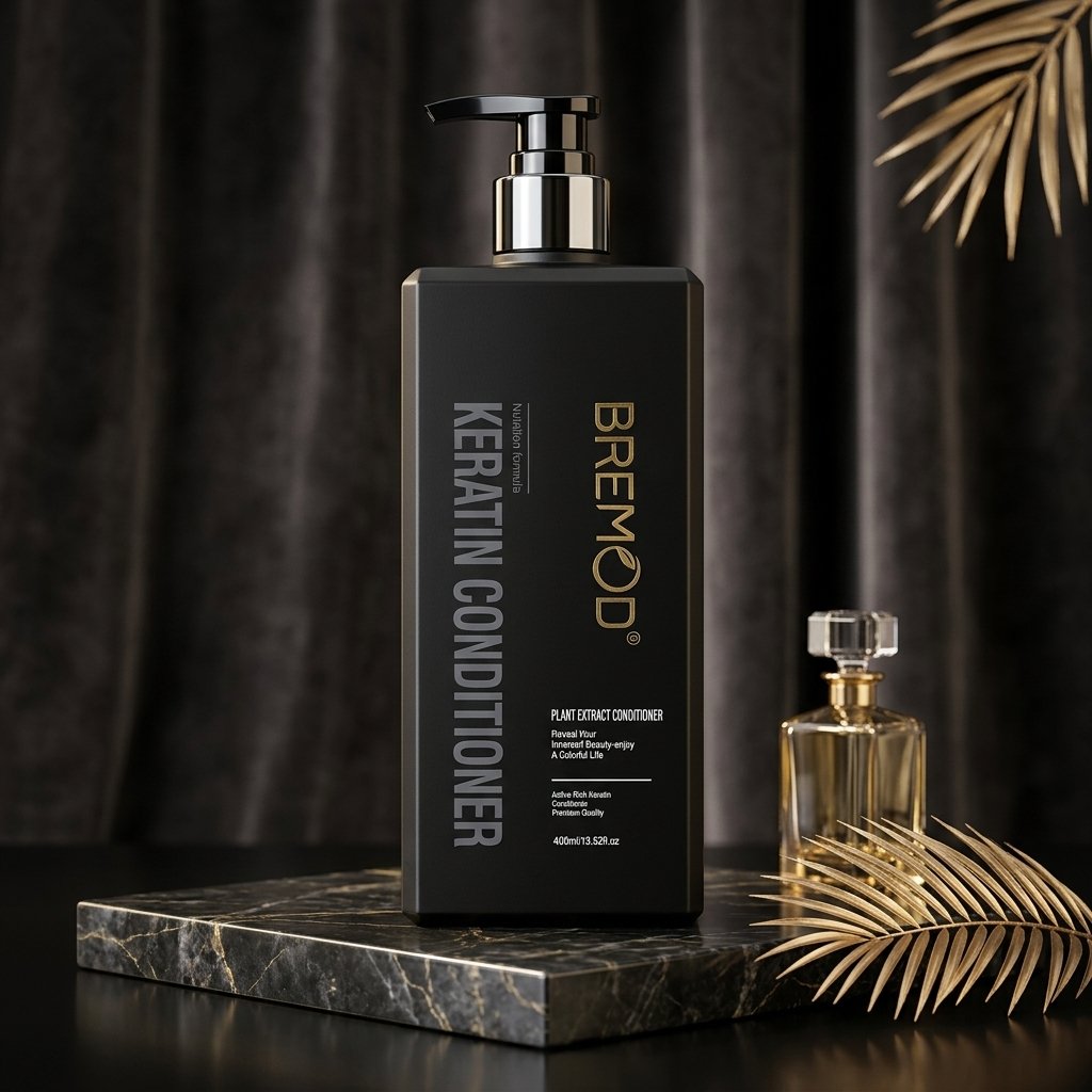 BREMOD Keratin Conditioner Plant Extract Premium Quality 400ml matte black pump bottle on dark marble podium from Chaudhary Superstore