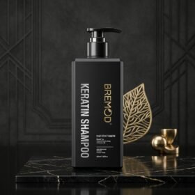 BREMOD Keratin Shampoo Plant Extract Premium Quality 400ml matte black pump bottle on dark marble podium from Chaudhary Superstore