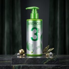 BREMOD Prothree 3 Hair Serum & Thermal Protect Treatment 250ml green and silver pump bottle on luxury dark marble podium from Chaudhary Superstore