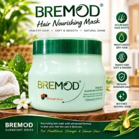BREMOD Sunbright Series Hair Nourishing Mask 1000ml light green jar with dark green lid on wooden podium from Chaudhary Superstore