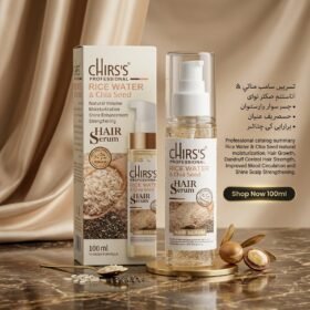 CHIRS'S Professional Rice Water & Chia Seed Hair Serum 100ml clear pump bottle and box on gold stand from Chaudhary Superstore