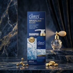 CHIRS'S Professional Brazilian Keratin Shampoo 500ml blue box packaging on luxury marble podium from Chaudhary Superstore