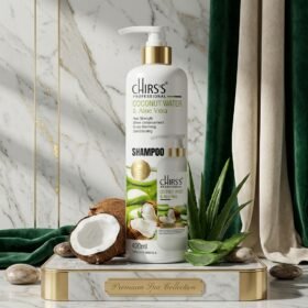 CHIRS'S Professional Coconut Water & Aloe Vera Shampoo 500ml bottle with pump on marble studio podium from Chaudhary Superstore