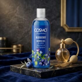 COSMO Temptation Blueberry Shower Gel 480ml bottle on dark marble studio podium from Chaudhary Superstore