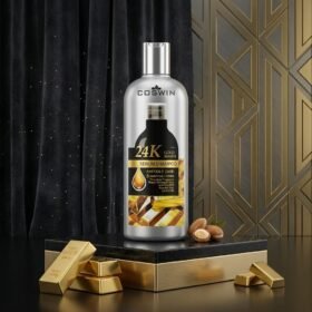 Coswin 24K Gold Keratin Serum Shampoo Ampoule Care 500ml silver bottle on luxury golden block podium from Chaudhary Superstore