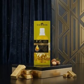 Coswin V.E Argan Protein Serum Shampoo Ampoule Care 500ml golden box packaging on luxury golden block podium from Chaudhary Superstore