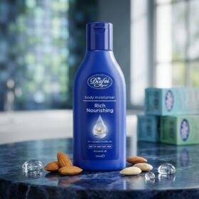 Diefei 3D Body Moisturiser Rich Nourishing Almond Oil 100ml blue bottle on marble podium — Chaudhary Superstore