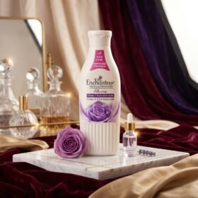 Enchanteur Alluring Satin Smooth Perfumed Lotion 100ml white bottle on marble podium — Chaudhary Superstore