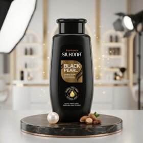 Forhan's Silkona Black Pearl Herbal Shine Shampoo & Conditioner 360ml black bottle on a luxury marble studio podium with black pearl and argan oil props from Chaudhary Superstore