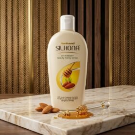 Forhan's Silkona Skin Revitalization Beauty Honey Lotion 200ml beige bottle on marble podium — Chaudhary Superstore