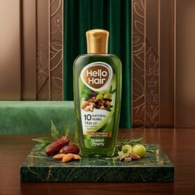 Golden Pearl Hello Hair 10 Natural Herbs Hair Oil 100ml green bottle with gold cap on a marble slab — Chaudhary Superstore