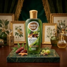 Golden Pearl Hello Hair 10 Natural Herbs Hair Oil 200ml green bottle with gold cap displayed on a marble slab — Chaudhary Superstore