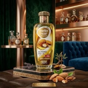Golden Pearl Hello Hair Nourish Almond Hair Oil 100ml bottle displayed on a brass platform — Chaudhary Superstore
