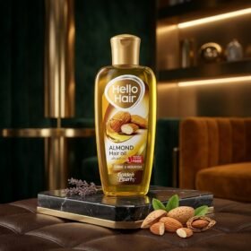 Golden Pearl Hello Hair Nourish Almond Hair Oil 200ml bottle displayed on a black marble stand — Chaudhary Superstore