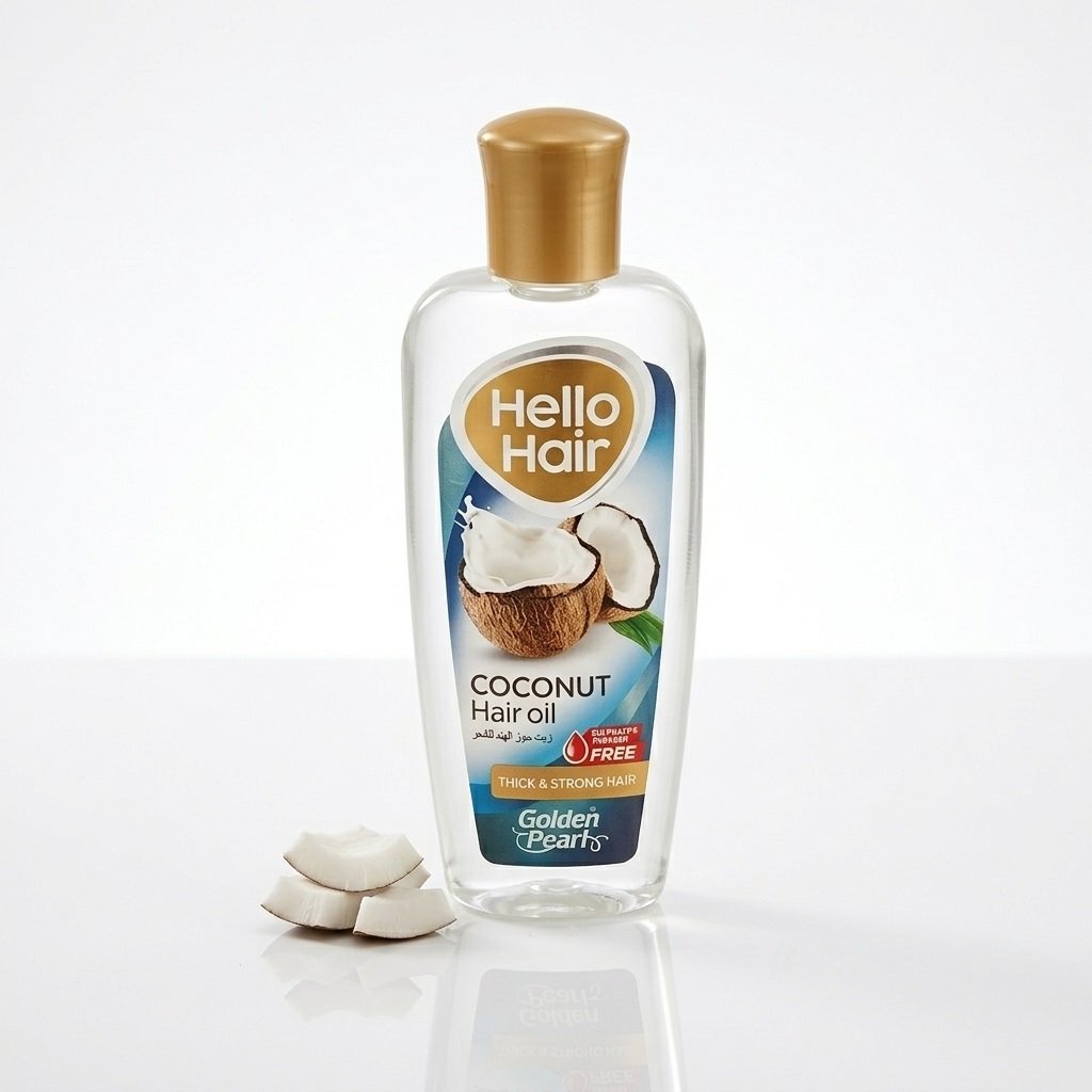 Golden Pearl Hello Hair Coconut Hair Oil 100ml clear bottle with blue and white coconut label — Chaudhary Superstore