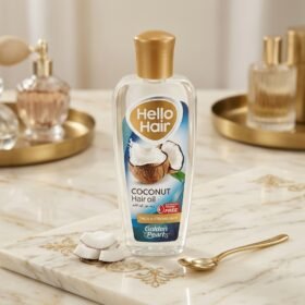 Golden Pearl Hello Hair Coconut Hair Oil 200ml clear bottle with gold cap displayed on a white marble slab — Chaudhary Superstore