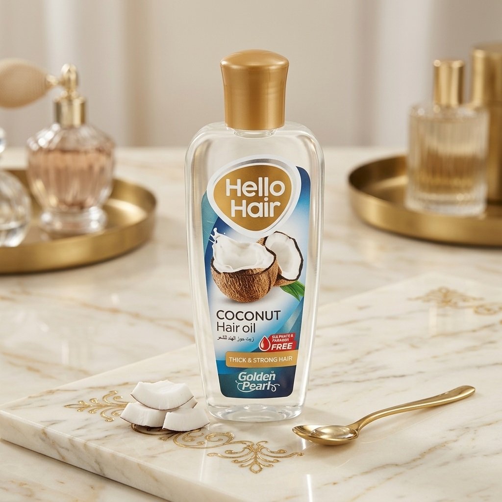 Golden Pearl Hello Hair Coconut Hair Oil 200ml clear bottle with gold cap displayed on a white marble slab — Chaudhary Superstore