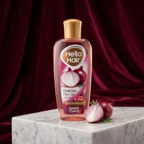 Golden Pearl Hello Hair Onion Hair Oil 200ml bottle with red onion extract label on a marble pedestal — Chaudhary Superstore