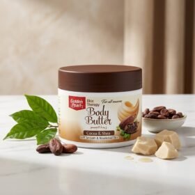 Golden Pearl Skin Therapy Body Butter Cocoa & Shea 200ml round white jar with brown lid on a white surface — Chaudhary Superstore