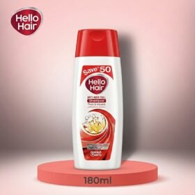 Hello Hair Anti-Hair Fall Shampoo 180ml bottle displayed on a luxury studio podium with soft lighting by Chaudhary Superstore