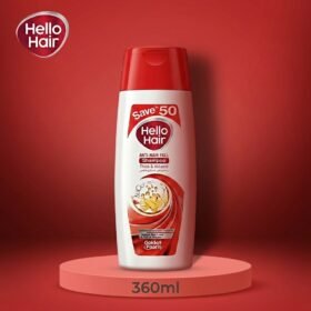 Hello Hair Anti-Hair Fall Shampoo 360ml bottle on a premium red studio background from Chaudhary Superstore