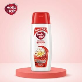 Hello Hair Anti-Hair Fall Shampoo 75ml bottle on a luxury red studio podium from Chaudhary Superstore