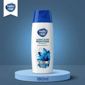 Hello Hair Classic Clean Anti-Dandruff Shampoo 180ml bottle displayed on a luxury blue studio podium by Chaudhary Superstore